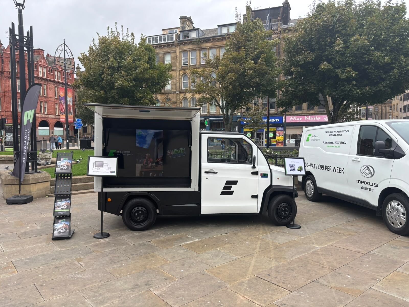 The Mobile Advertising Vehicle with its screen and brochures