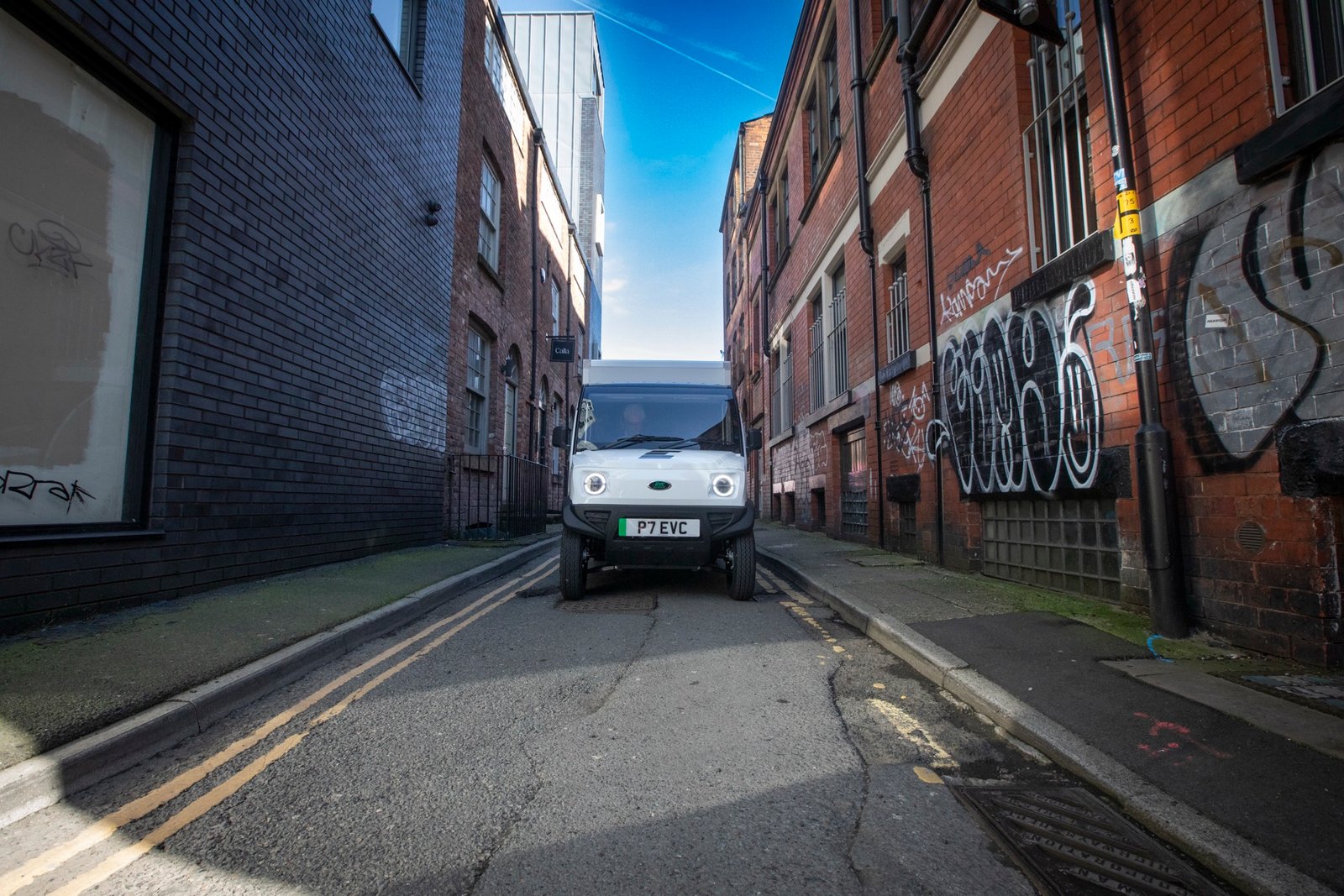 EVC CitySprint navigating narrow lanes in Manchester